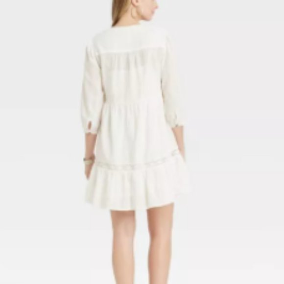 Women Boho Dress Long Sleeve Peasant Shift Ivory L - Picture 4 of 6